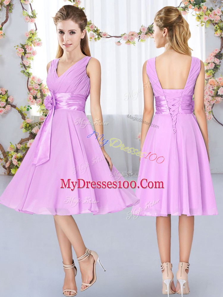 Exceptional Knee Length Lilac Dama Dress Chiffon Sleeveless Hand Made Flower