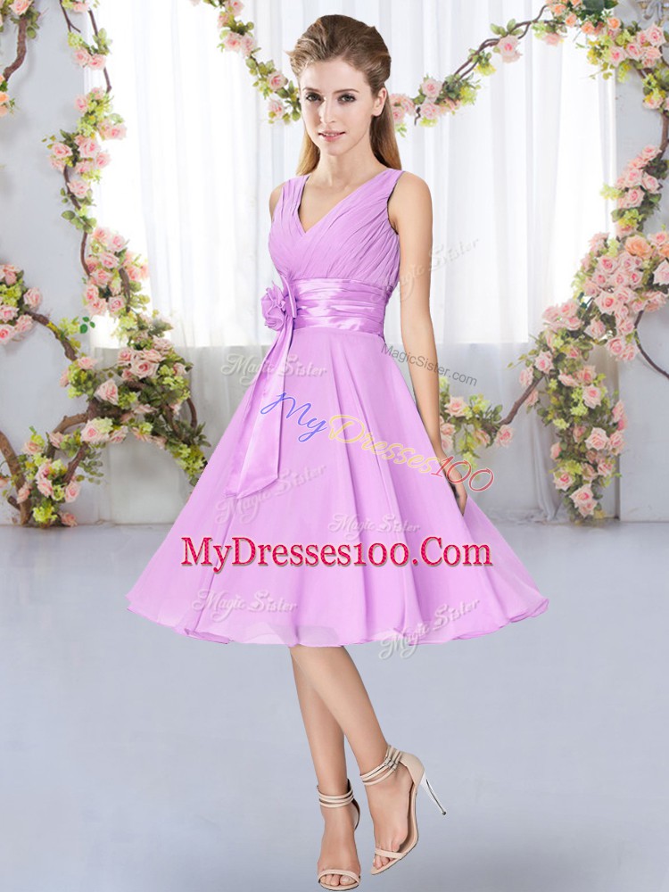 Exceptional Knee Length Lilac Dama Dress Chiffon Sleeveless Hand Made Flower