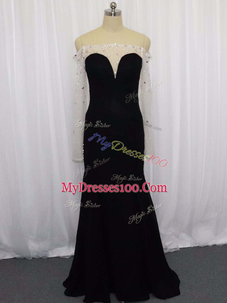 Mermaid Dress for Prom Black Off The Shoulder Chiffon Long Sleeves Floor Length Zipper