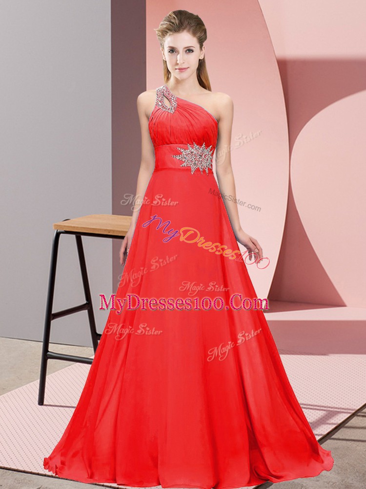 Red Chiffon Lace Up Prom Homecoming Dress Sleeveless Brush Train Beading