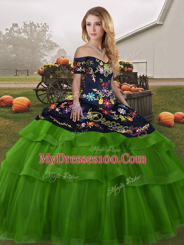 Sleeveless Brush Train Embroidery and Ruffled Layers Lace Up 15th Birthday Dress
