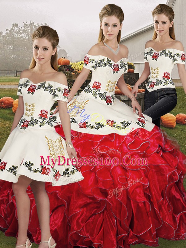 On Sale Three Pieces 15th Birthday Dress White And Red Off The Shoulder Organza Sleeveless Floor Length Lace Up