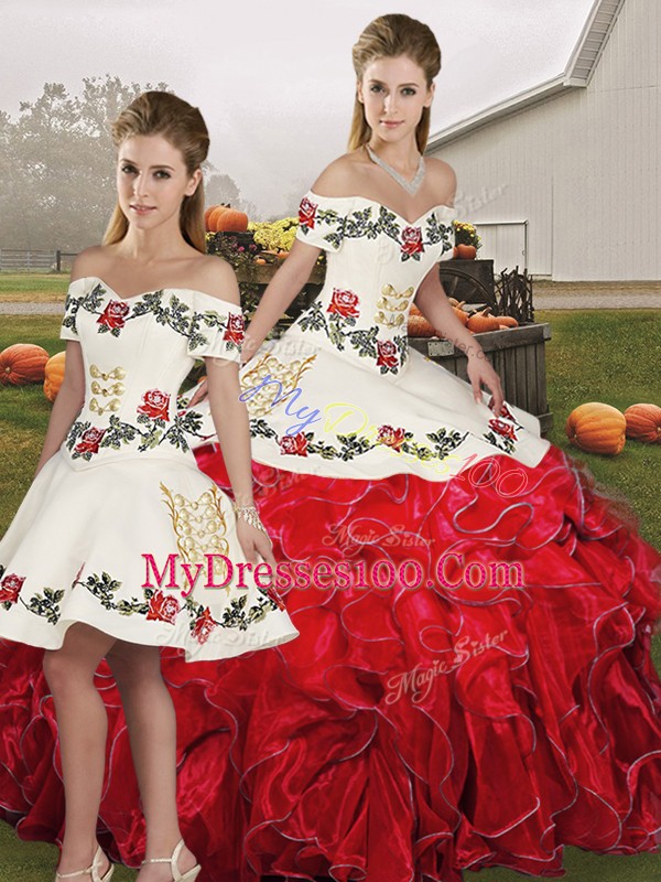 On Sale Three Pieces 15th Birthday Dress White And Red Off The Shoulder Organza Sleeveless Floor Length Lace Up