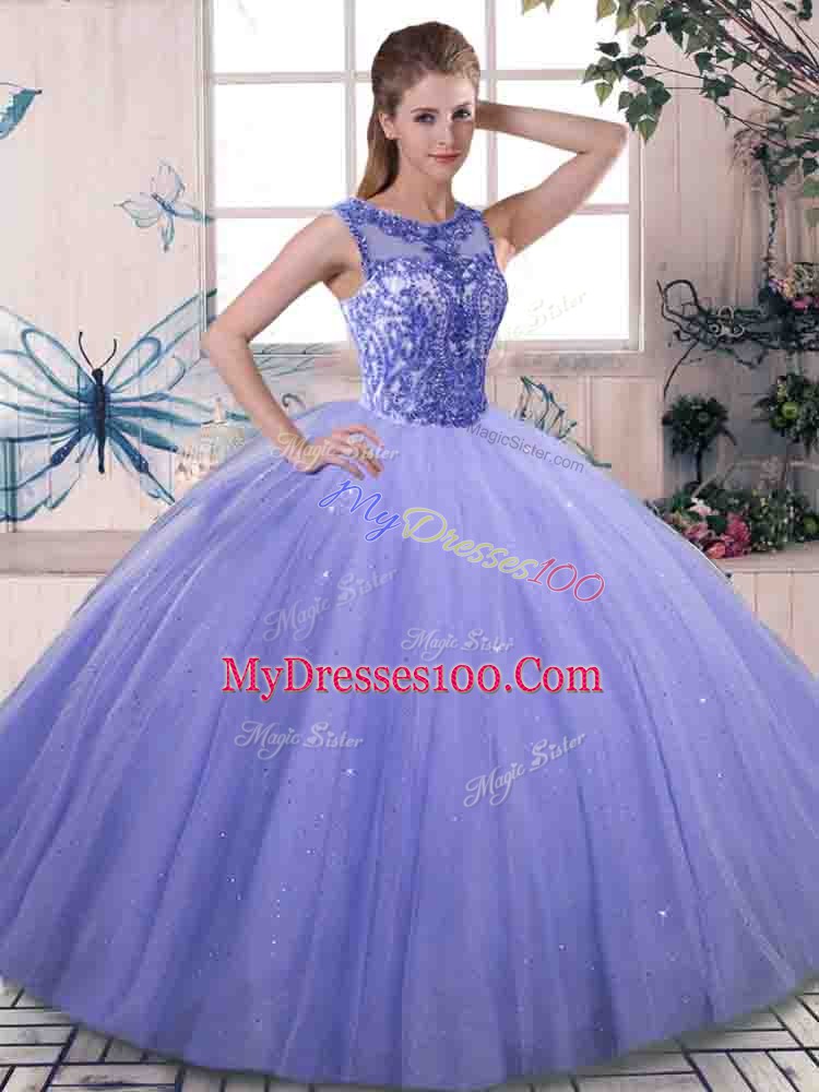 Colorful Sleeveless Tulle Floor Length Lace Up Sweet 16 Dress in Lavender with Beading
