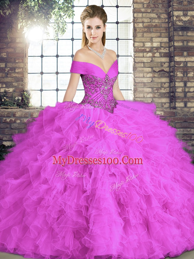 Lilac Sleeveless Floor Length Beading and Ruffles Lace Up 15 Quinceanera Dress