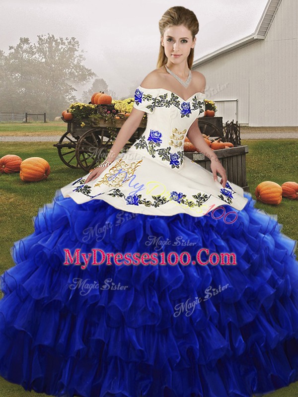 Top Selling Floor Length Lace Up Sweet 16 Dresses Royal Blue for Military Ball and Sweet 16 and Quinceanera with Embroidery and Ruffled Layers