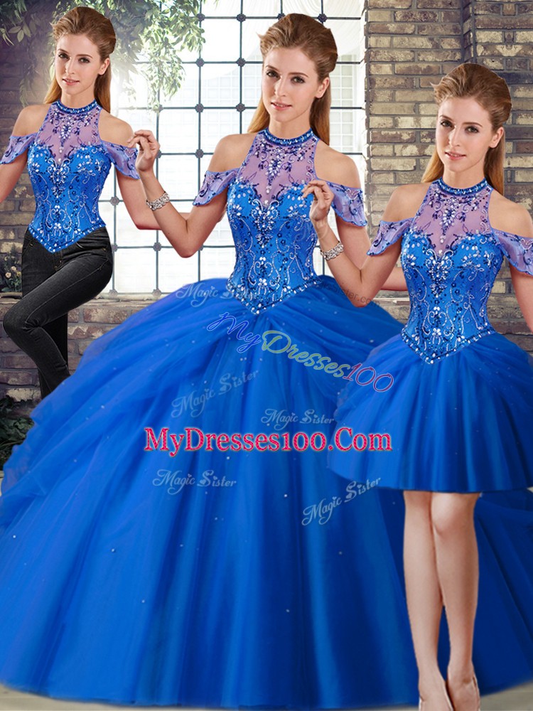 Blue Lace Up Sweet 16 Quinceanera Dress Beading and Pick Ups Sleeveless Brush Train