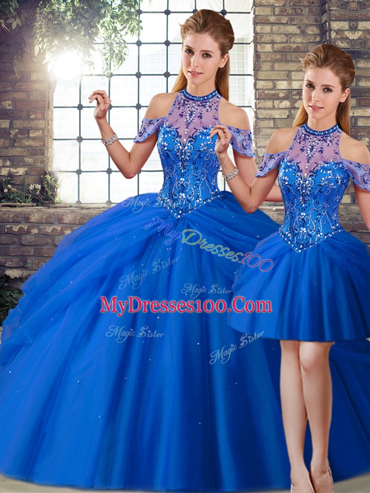 Blue Lace Up Sweet 16 Quinceanera Dress Beading and Pick Ups Sleeveless Brush Train