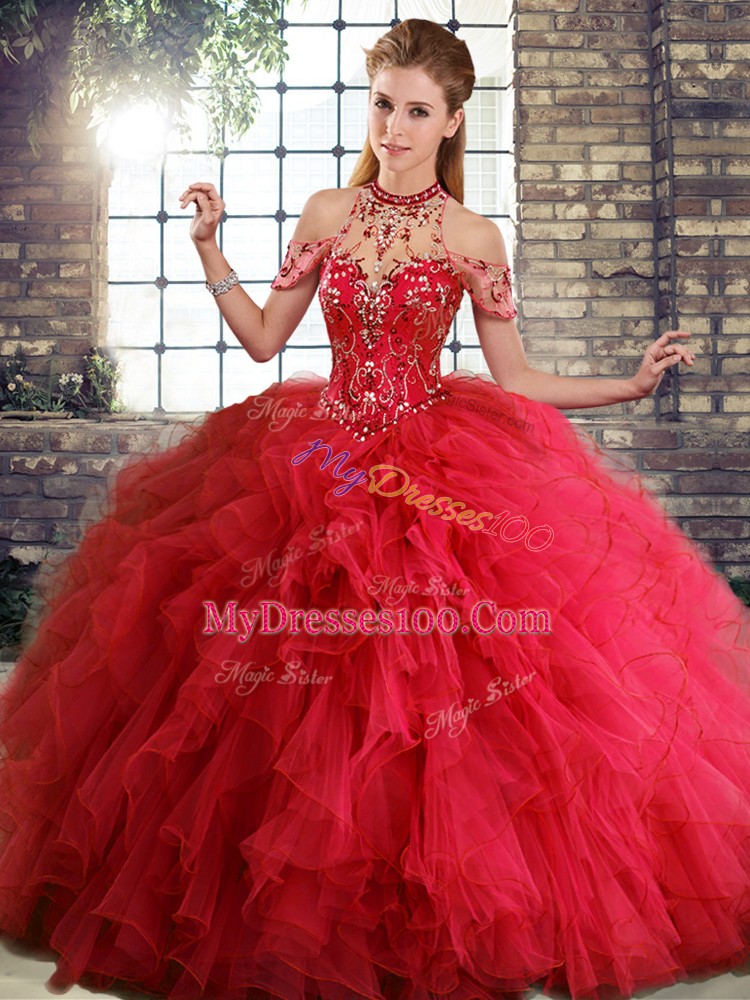 Ball Gowns Sweet 16 Dress Red Halter Top Tulle Sleeveless Floor Length Lace Up