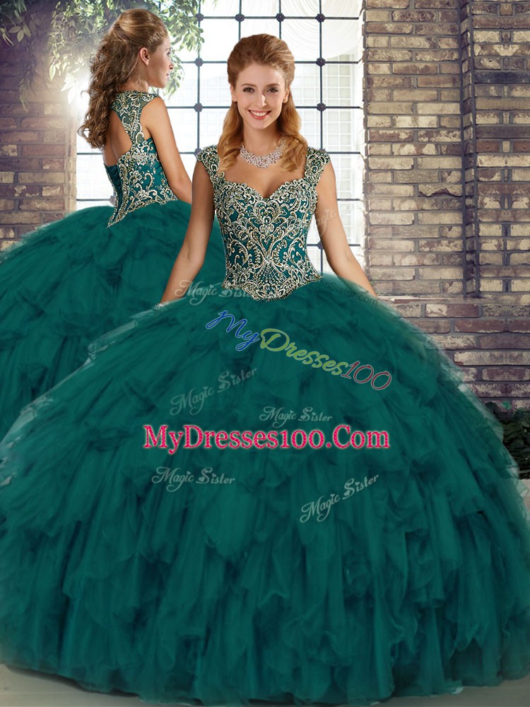 Discount Floor Length Ball Gowns Sleeveless Peacock Green 15 Quinceanera Dress Lace Up