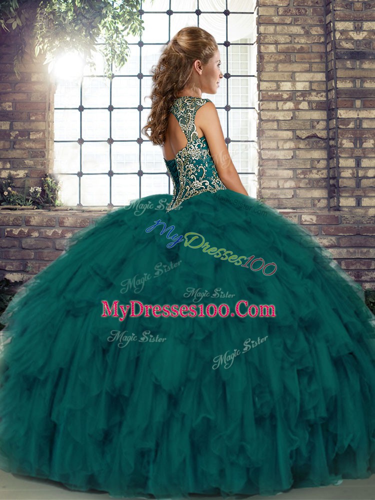 Discount Floor Length Ball Gowns Sleeveless Peacock Green 15 Quinceanera Dress Lace Up