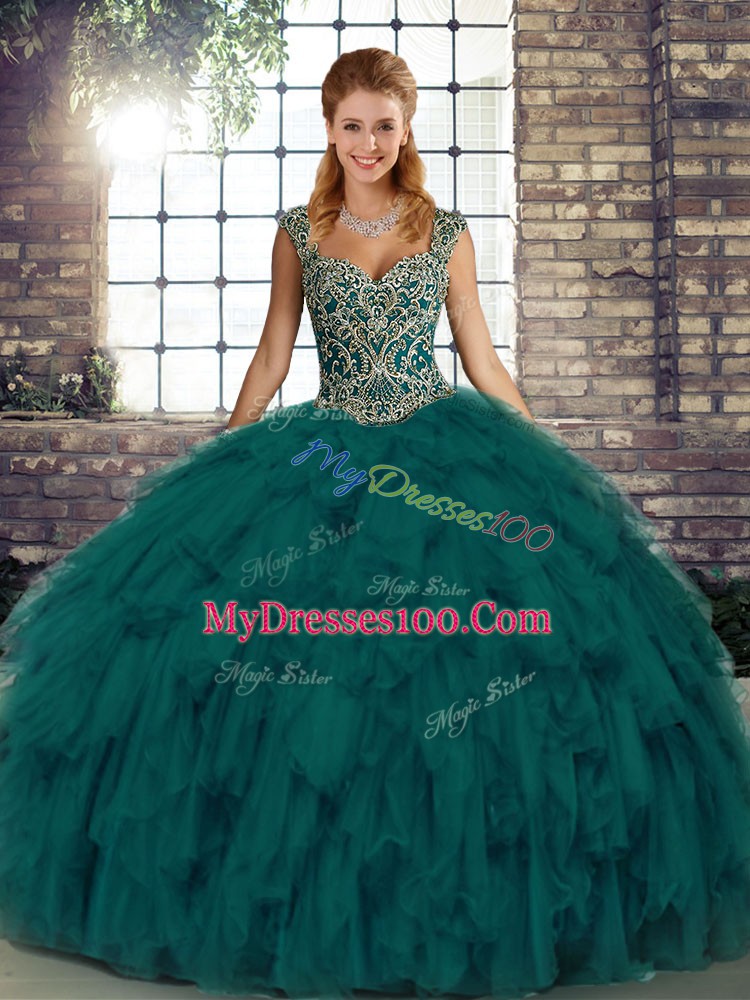 Discount Floor Length Ball Gowns Sleeveless Peacock Green 15 Quinceanera Dress Lace Up