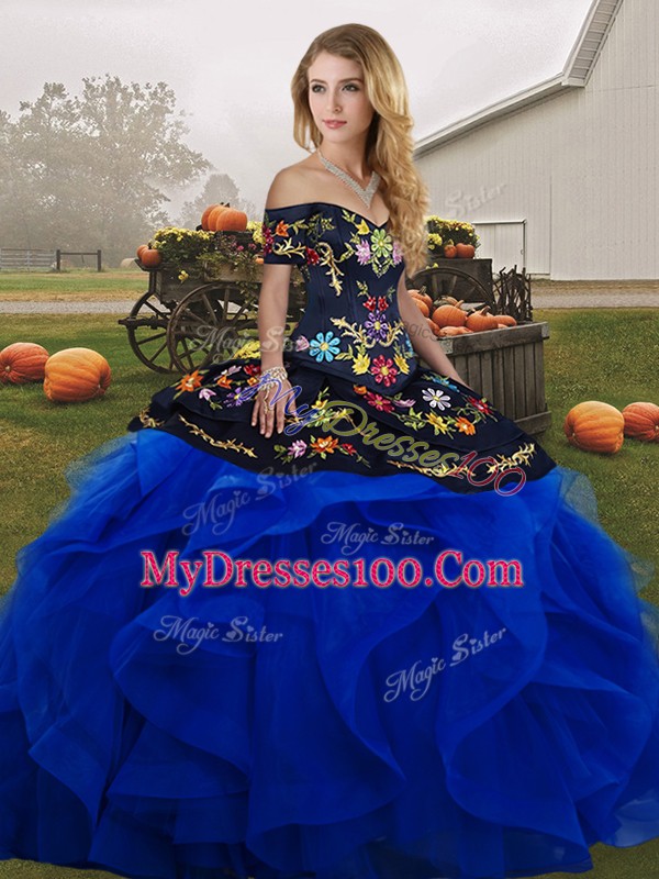 Hot Selling Sleeveless Lace Up Floor Length Embroidery and Ruffles Sweet 16 Quinceanera Dress