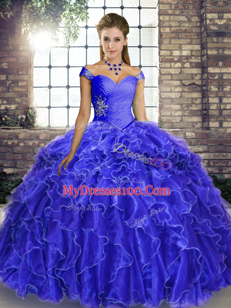 Fashion Royal Blue Quinceanera Dress Organza Brush Train Sleeveless Beading and Ruffles