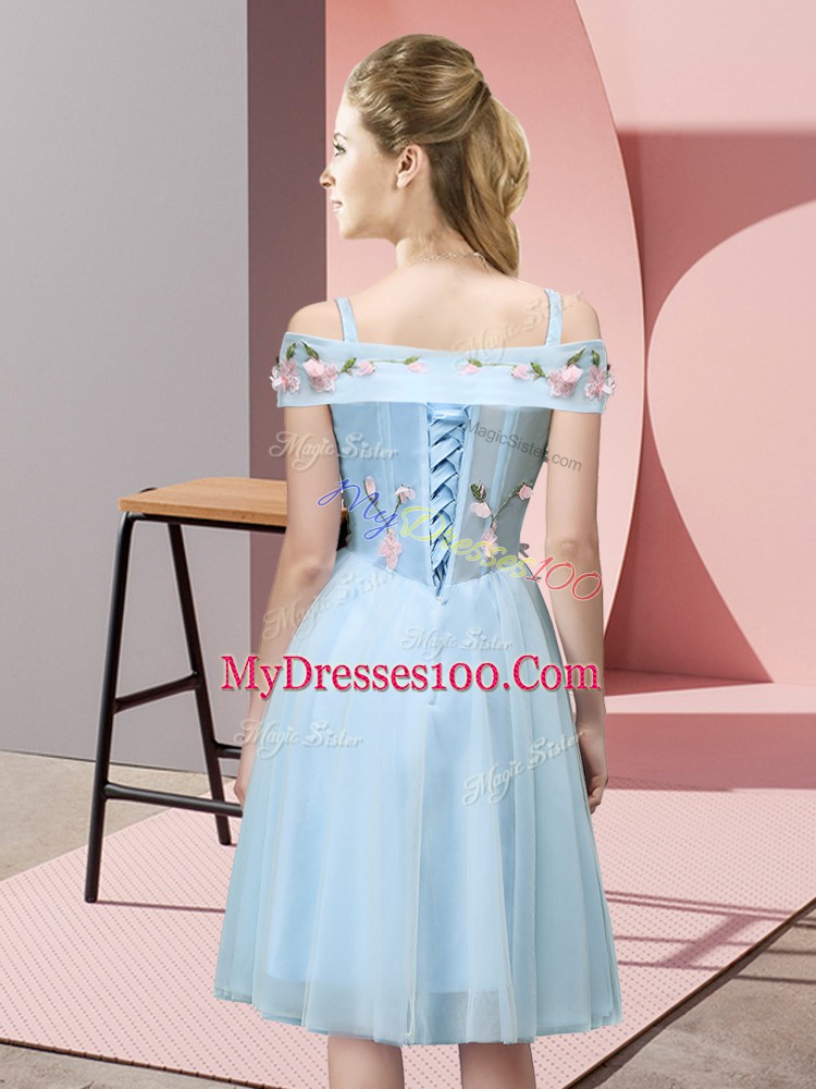 Suitable Apple Green Empire Appliques Bridesmaids Dress Lace Up Tulle Short Sleeves Knee Length