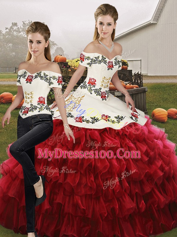 Stylish Wine Red Organza Lace Up Off The Shoulder Sleeveless Floor Length Sweet 16 Dresses Embroidery and Ruffled Layers