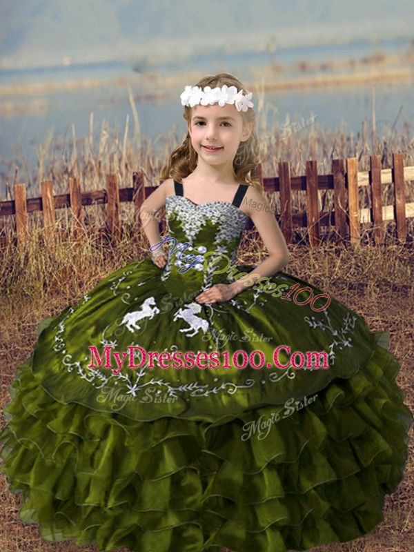 Olive Green Lace Up Straps Embroidery and Ruffled Layers Little Girls Pageant Gowns Organza Sleeveless