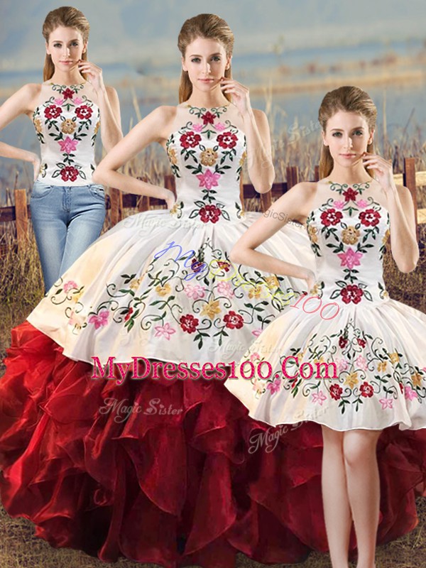 White And Red Sleeveless Organza Lace Up Ball Gown Prom Dress for Sweet 16 and Quinceanera