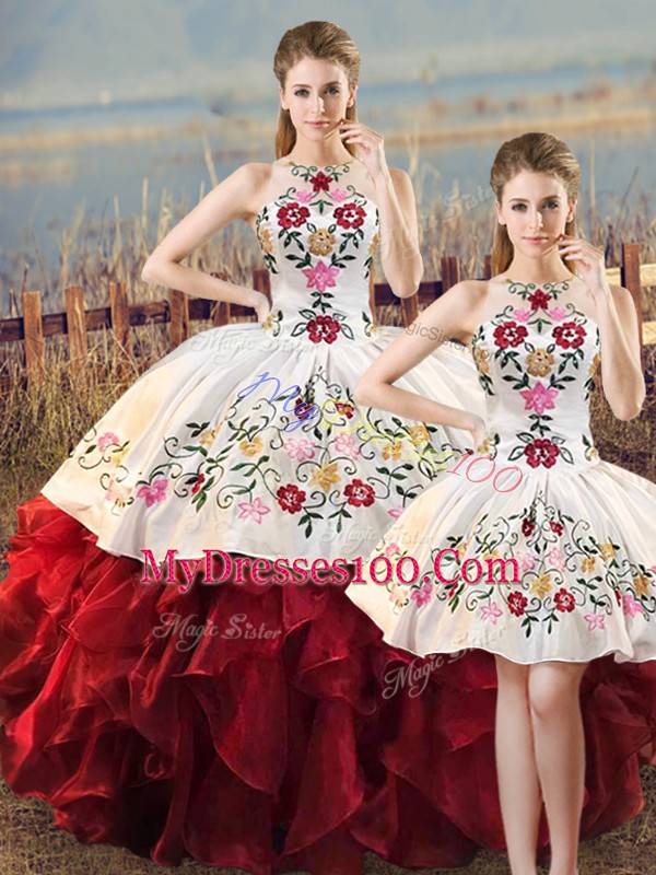 White And Red Sleeveless Organza Lace Up Ball Gown Prom Dress for Sweet 16 and Quinceanera