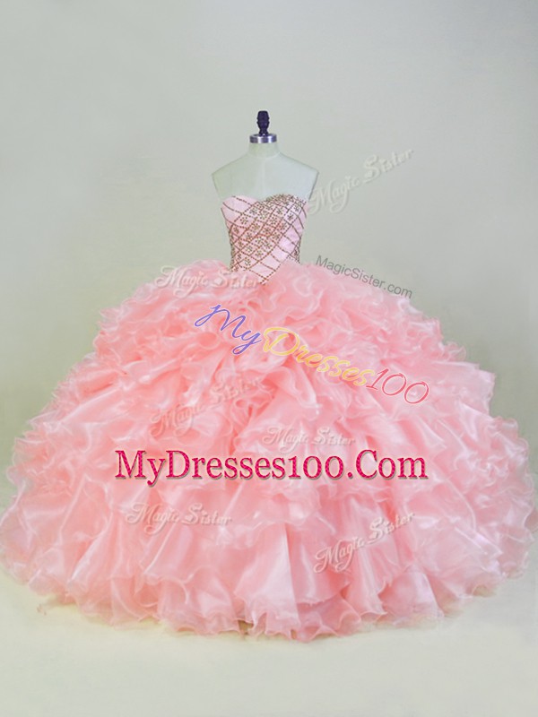 Lovely Peach Sweetheart Lace Up Beading and Ruffles 15th Birthday Dress Sleeveless