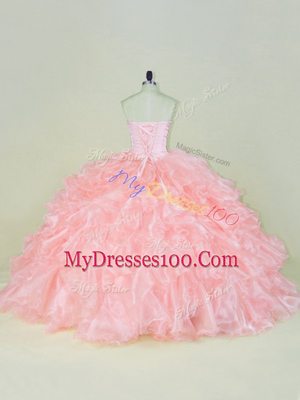 Lovely Peach Sweetheart Lace Up Beading and Ruffles 15th Birthday Dress Sleeveless