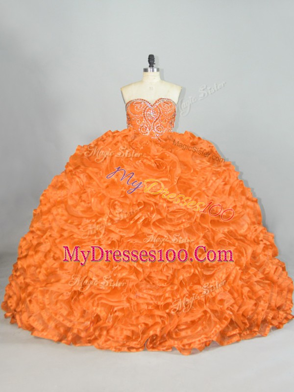 Super Orange Ball Gowns Beading and Ruffles 15th Birthday Dress Lace Up Organza Sleeveless