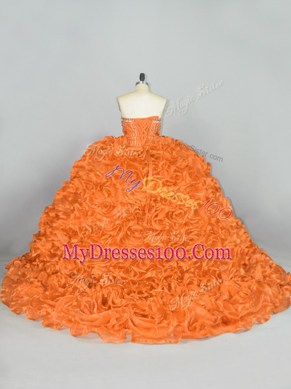 Super Orange Ball Gowns Beading and Ruffles 15th Birthday Dress Lace Up Organza Sleeveless