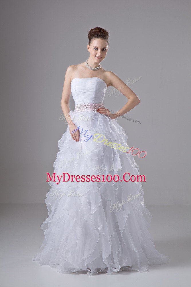 Unique Floor Length White Wedding Dresses Organza Sleeveless Beading and Ruffles