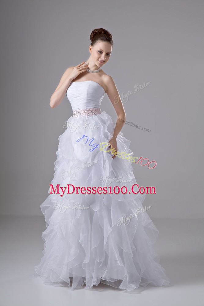 Unique Floor Length White Wedding Dresses Organza Sleeveless Beading and Ruffles