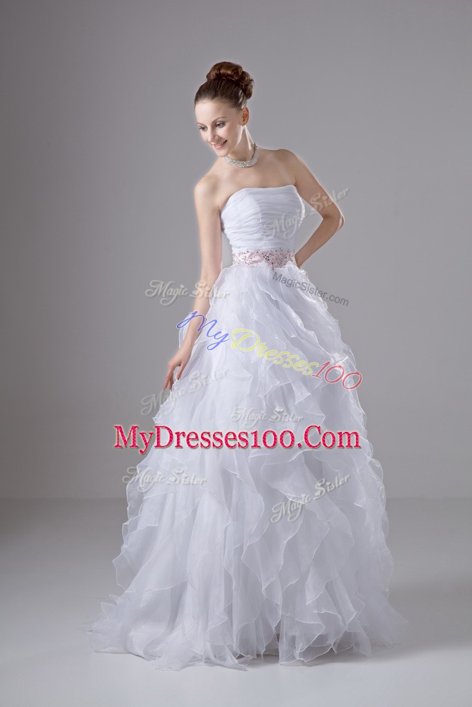 Unique Floor Length White Wedding Dresses Organza Sleeveless Beading and Ruffles