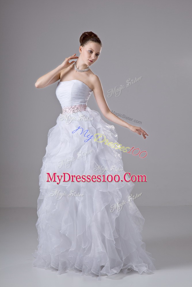 Unique Floor Length White Wedding Dresses Organza Sleeveless Beading and Ruffles