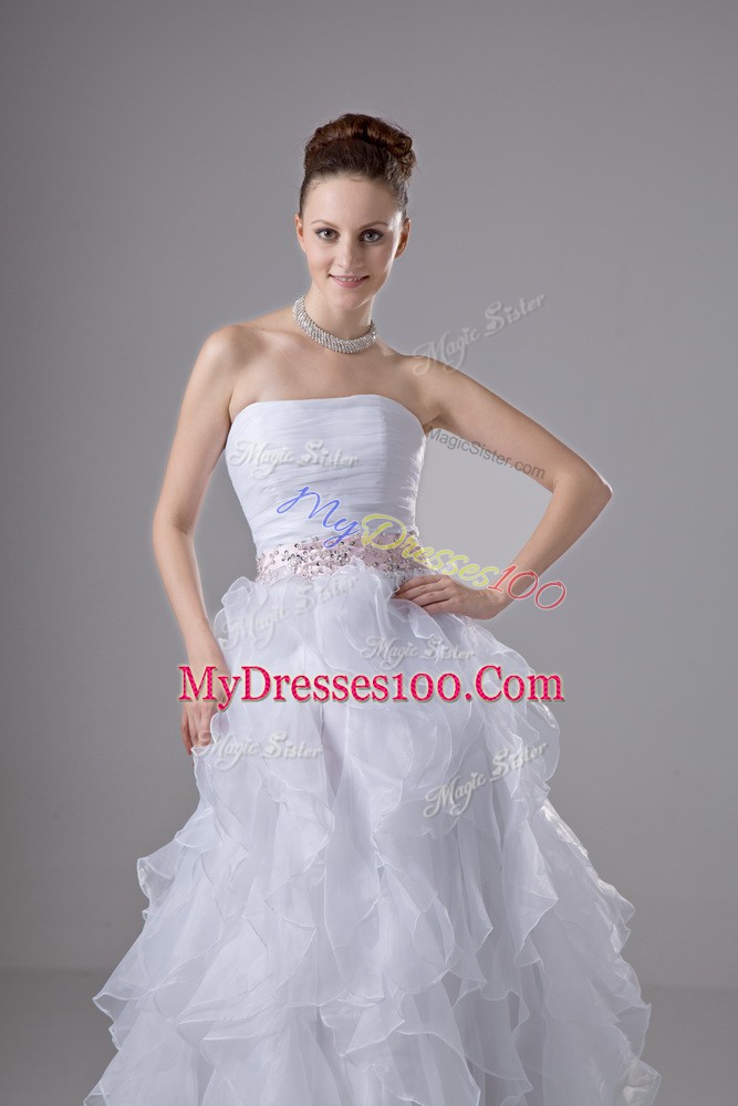Unique Floor Length White Wedding Dresses Organza Sleeveless Beading and Ruffles