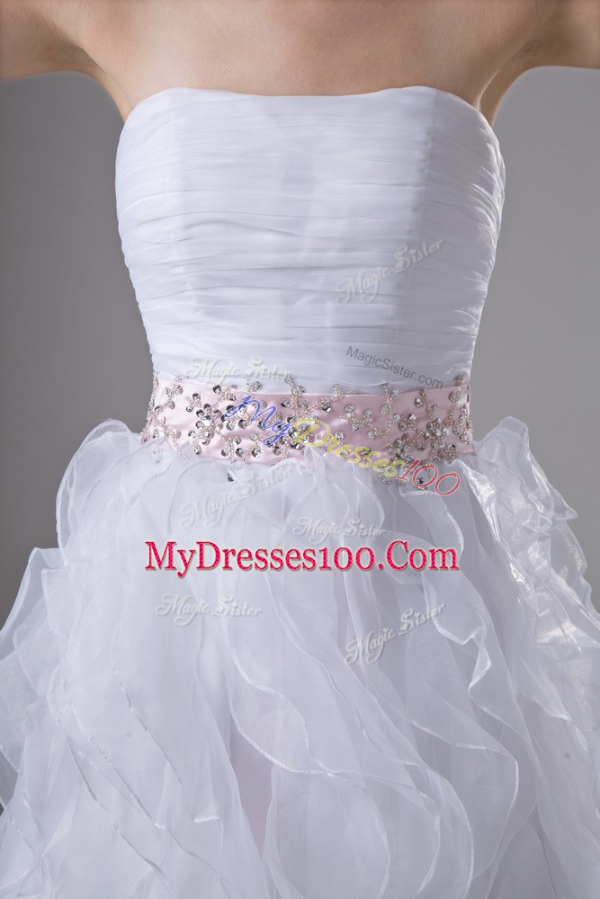 Unique Floor Length White Wedding Dresses Organza Sleeveless Beading and Ruffles
