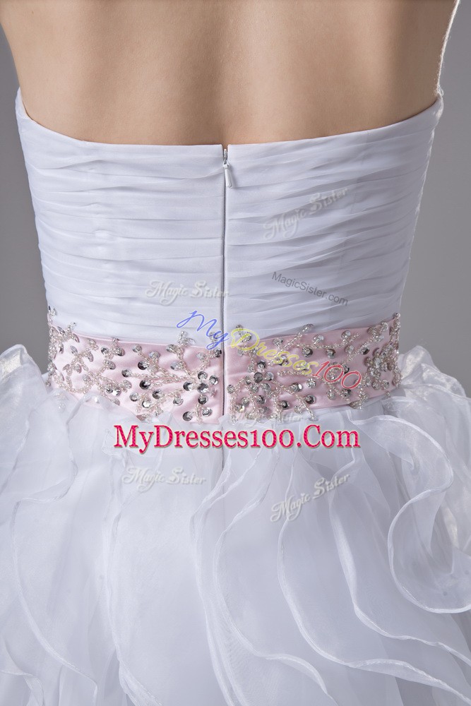 Unique Floor Length White Wedding Dresses Organza Sleeveless Beading and Ruffles