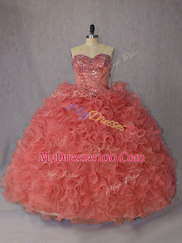 Attractive Orange Ball Gowns Organza Sweetheart Sleeveless Beading and Ruffles Lace Up Ball Gown Prom Dress Brush Train