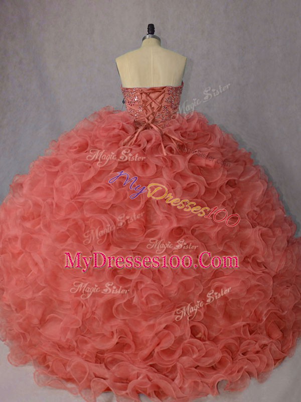 Attractive Orange Ball Gowns Organza Sweetheart Sleeveless Beading and Ruffles Lace Up Ball Gown Prom Dress Brush Train