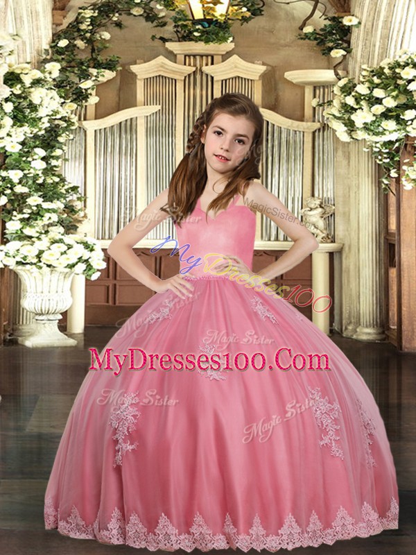 Dazzling Watermelon Red Ball Gowns Appliques Pageant Dress Womens Lace Up Tulle Sleeveless Floor Length