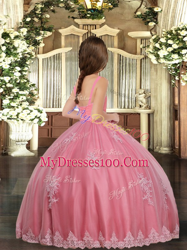 Dazzling Watermelon Red Ball Gowns Appliques Pageant Dress Womens Lace Up Tulle Sleeveless Floor Length