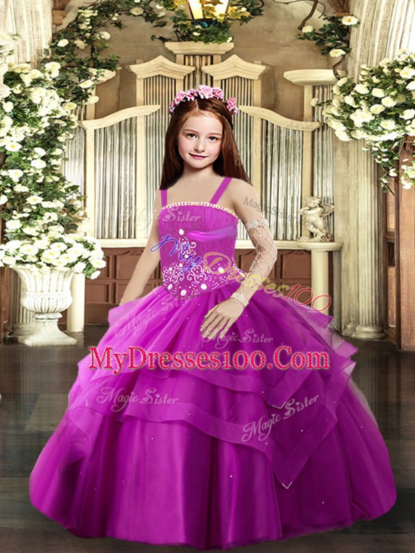 Floor Length Fuchsia Little Girls Pageant Dress Wholesale Straps Sleeveless Lace Up