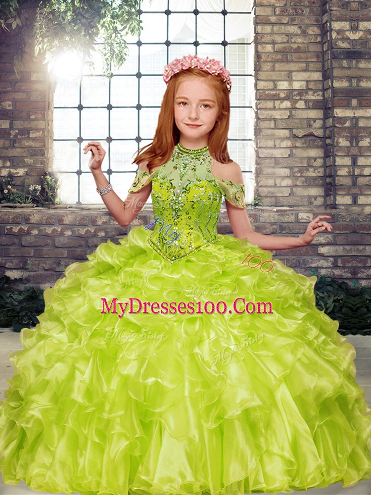 Yellow Green Ball Gowns Organza High-neck Sleeveless Beading and Ruffles Floor Length Lace Up Pageant Dress for Teens