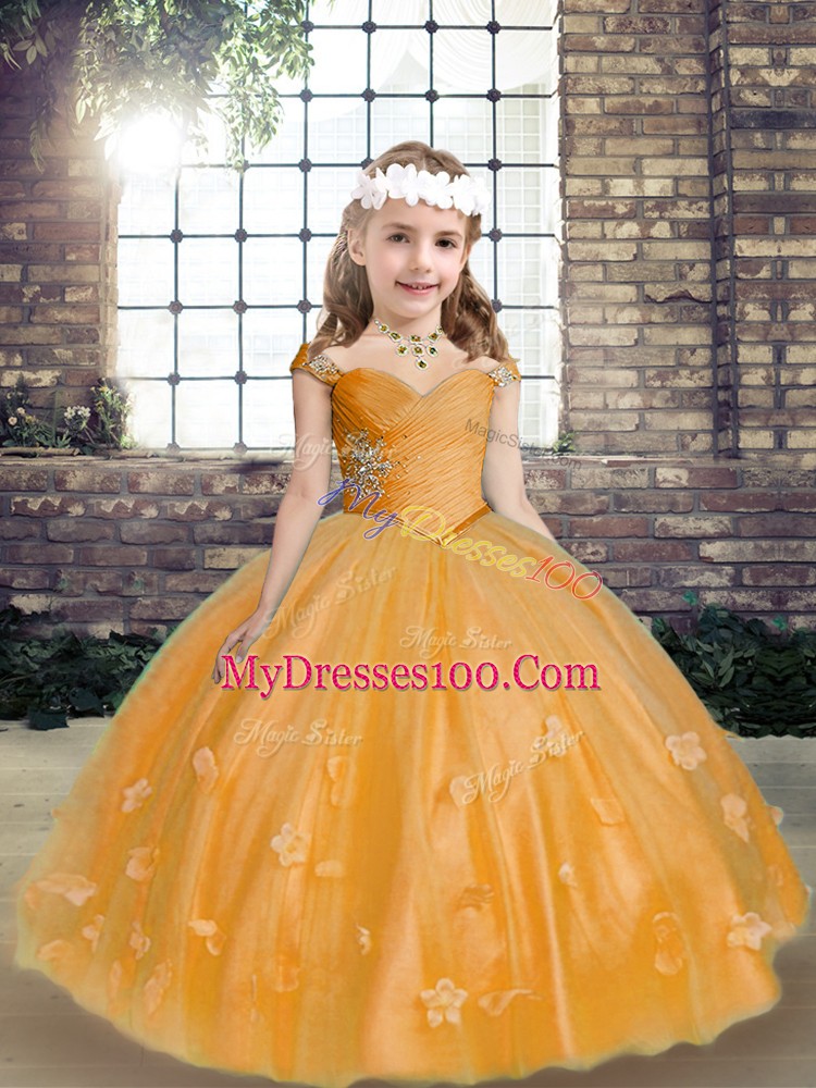 Custom Made Sleeveless Tulle Floor Length Lace Up Little Girls Pageant Gowns in Gold with Beading and Hand Made Flower