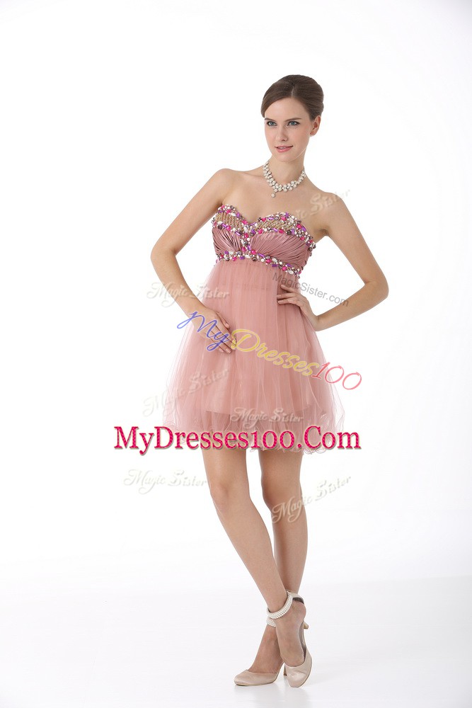 Luxurious Pink A-line Sweetheart Sleeveless Tulle Mini Length Zipper Beading Cocktail Dresses