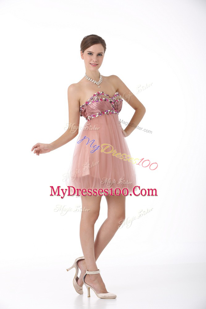 Luxurious Pink A-line Sweetheart Sleeveless Tulle Mini Length Zipper Beading Cocktail Dresses