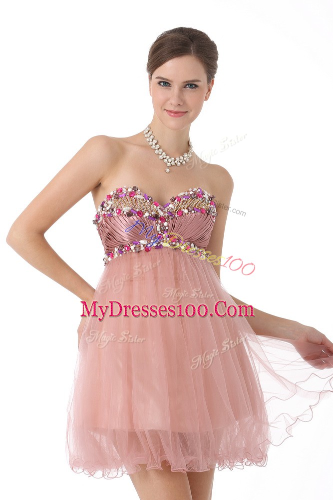 Luxurious Pink A-line Sweetheart Sleeveless Tulle Mini Length Zipper Beading Cocktail Dresses