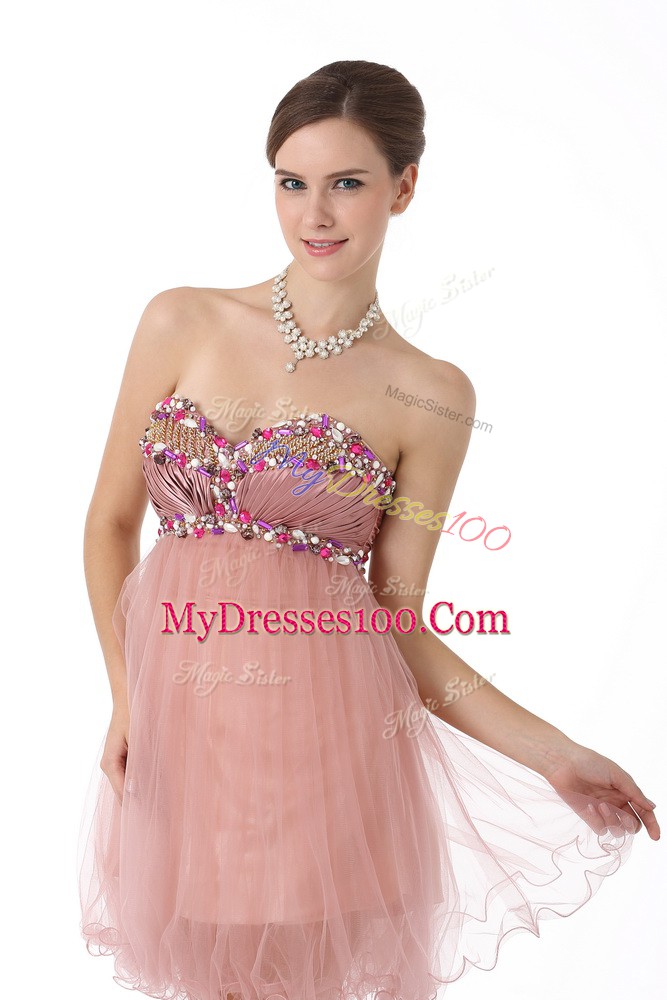 Luxurious Pink A-line Sweetheart Sleeveless Tulle Mini Length Zipper Beading Cocktail Dresses