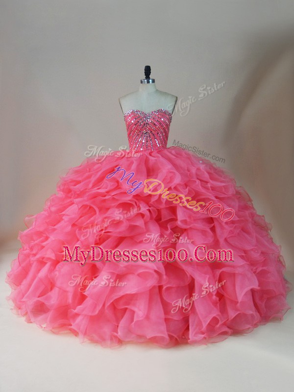 Sweetheart Sleeveless Quinceanera Gown Floor Length Beading and Ruffles Pink Organza