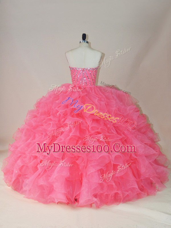 Sweetheart Sleeveless Quinceanera Gown Floor Length Beading and Ruffles Pink Organza