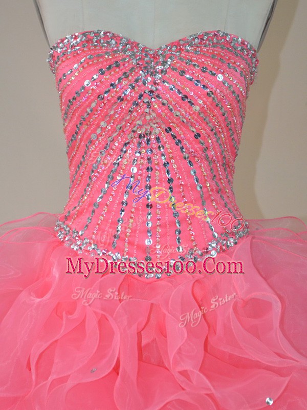 Sweetheart Sleeveless Quinceanera Gown Floor Length Beading and Ruffles Pink Organza