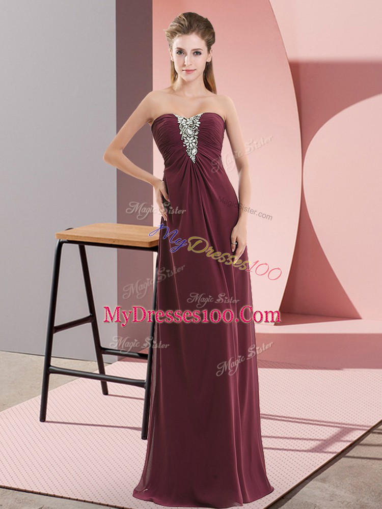Burgundy Empire Chiffon Sweetheart Sleeveless Beading Floor Length Zipper Dress for Prom