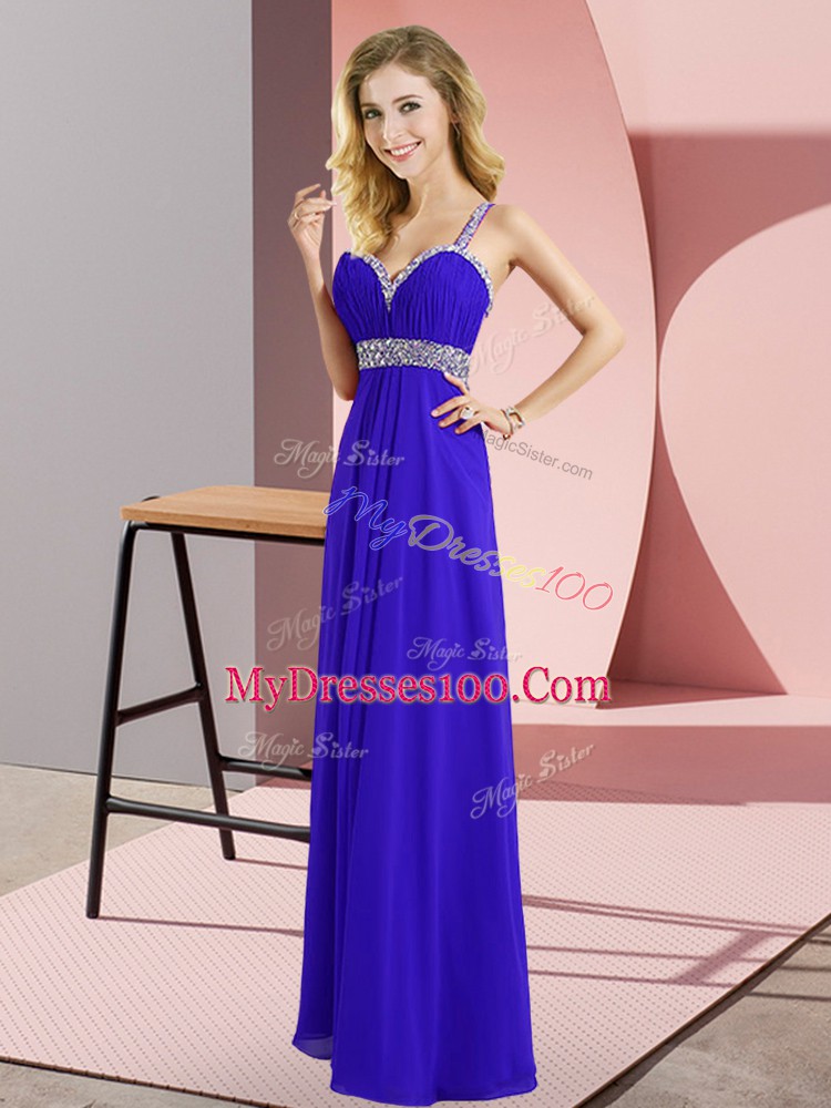 Blue Empire Chiffon Straps Sleeveless Beading Floor Length Criss Cross Dress for Prom